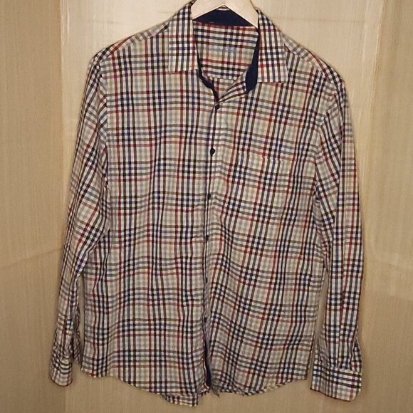 Tasso Elba Mens Rust Tan Green Plaid Button Down Shirt Large - Picture 1 of 6